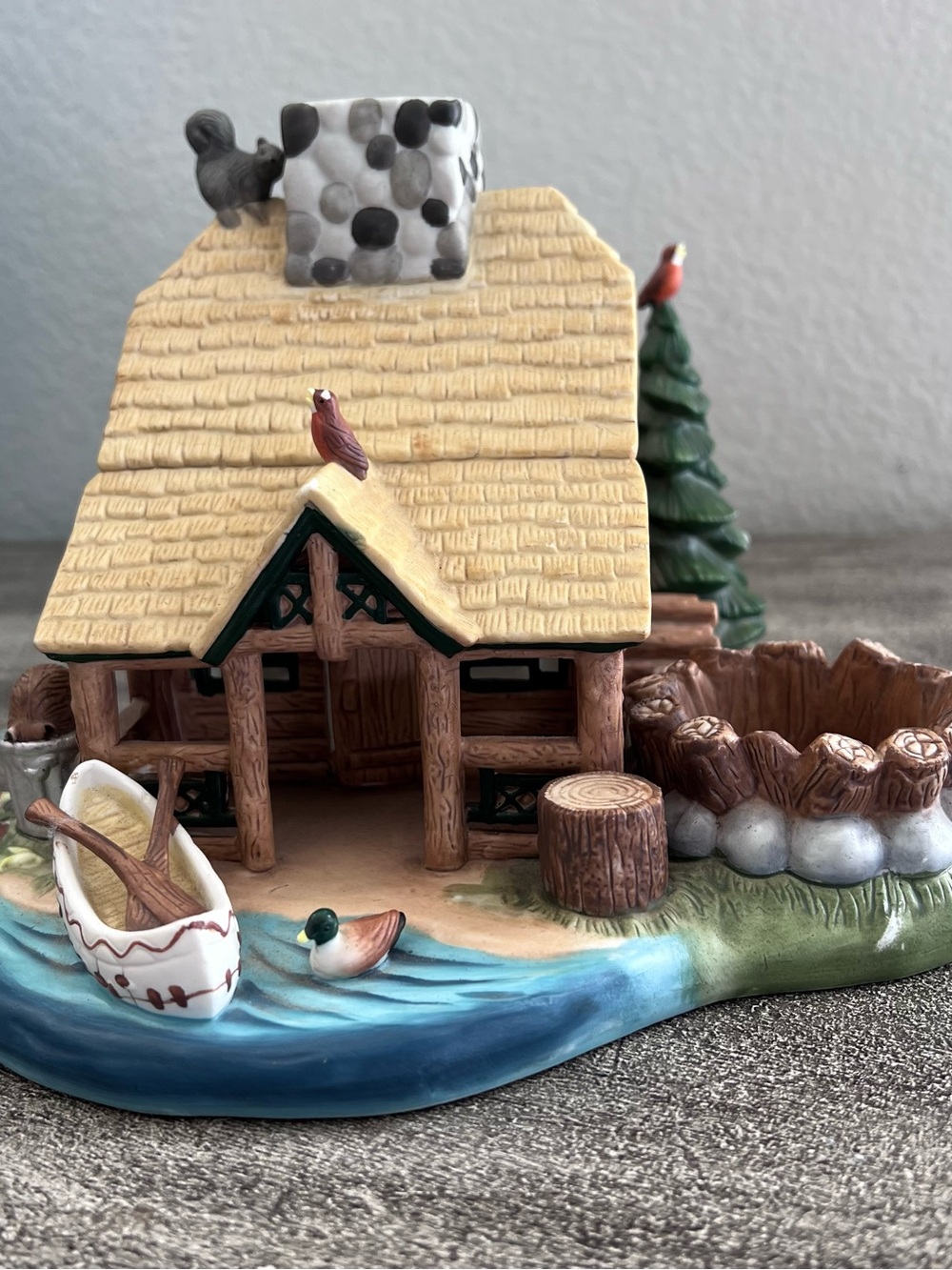 PartyLite Ceramic Gone Fishing Log Cabin Tea Light Candle Holder
